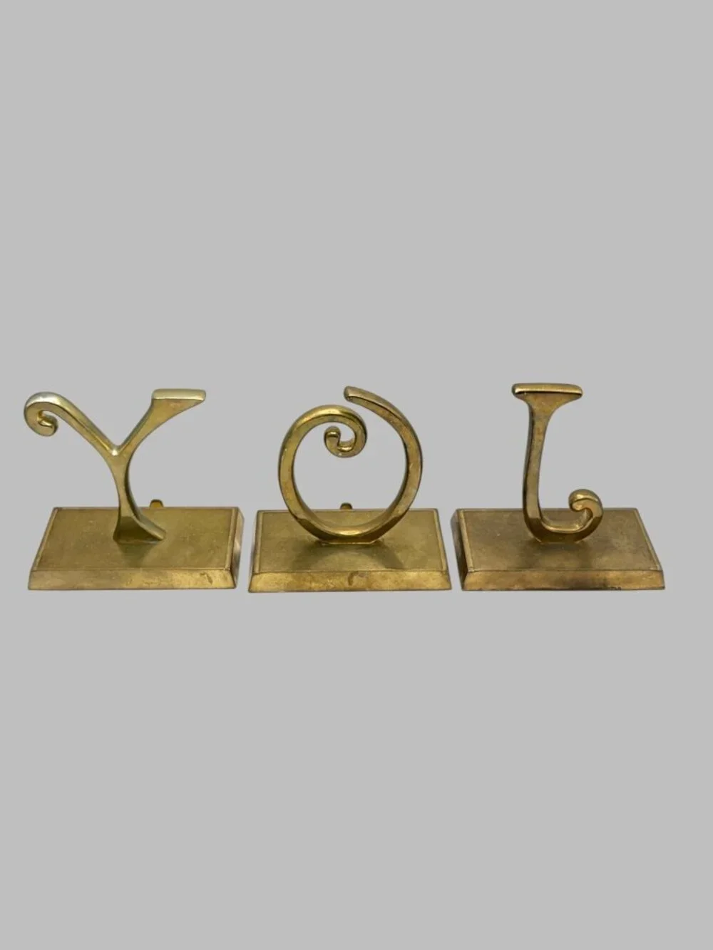 Vintage Brass JOY Stocking Holders Set of 3 Christmas Mantel Decor Holiday Hooks